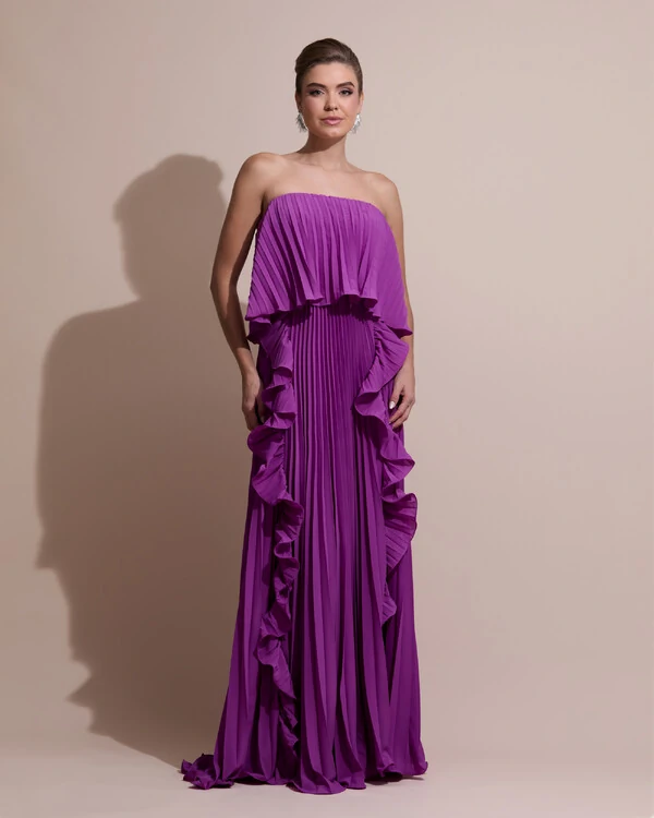 Vestido de Festa Longo Crepe Chiffon Tomara que Caia Plissado com Babado Cascata Fúcsia