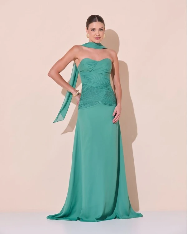 Vestido de Festa Longo Decote Coração Crepe Chiffon Drapeado Plissado Lenço Verde Matcha Escuro