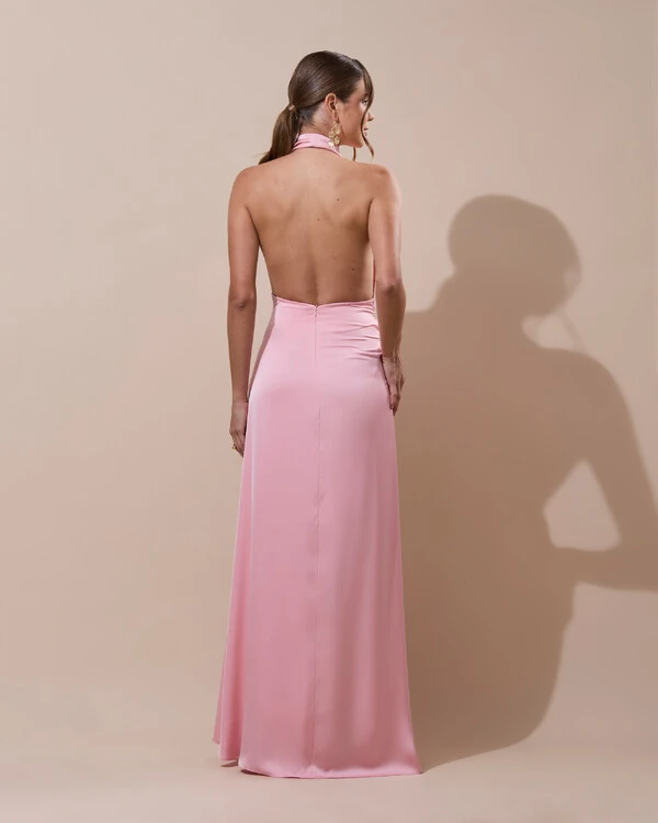 Vestido de Festa Longo Cetim Frente Única Degagê com Faixa Drapeada Rose Gold