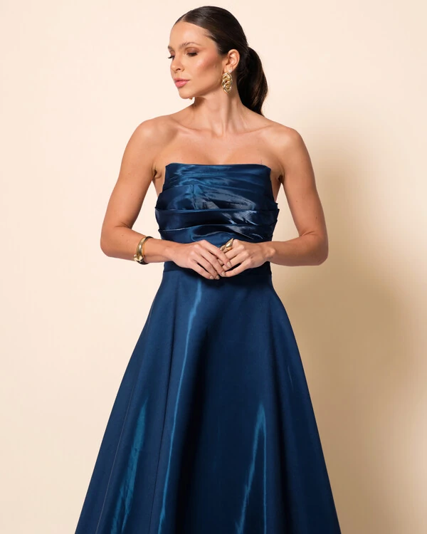 Vestido de Festa Longo Cetim Cristal Tomara que Caia Drapeado Verde Escuro