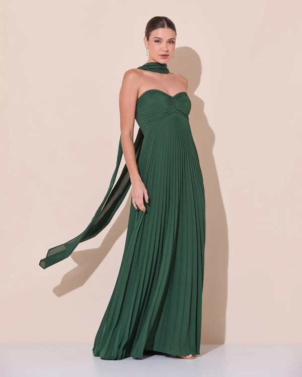 Vestido de Festa Longo Tomara que Caia Plissado com Lenço Verde Escuro New