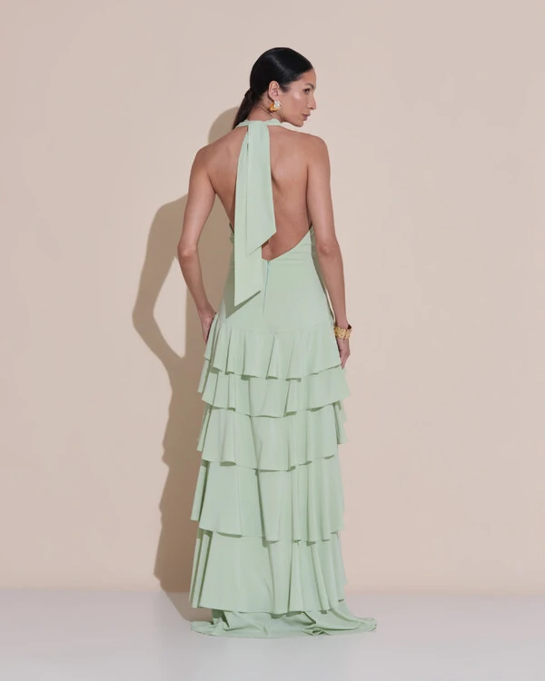 Vestido De Festa Longo Frente Única Degagê Crepe Chiffon Babados Mullet Verde Menta New