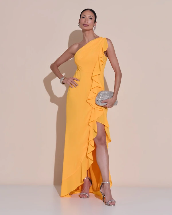 Vestido de Festa Midi Um Ombro Só Crepe Chiffon Babados Cascata Fenda Laranja Manga New