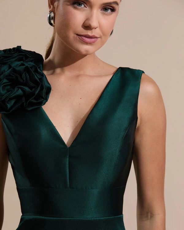 Vestido de Festa longo Zibeline Decote em V com Flores Removivel Verde Escuro