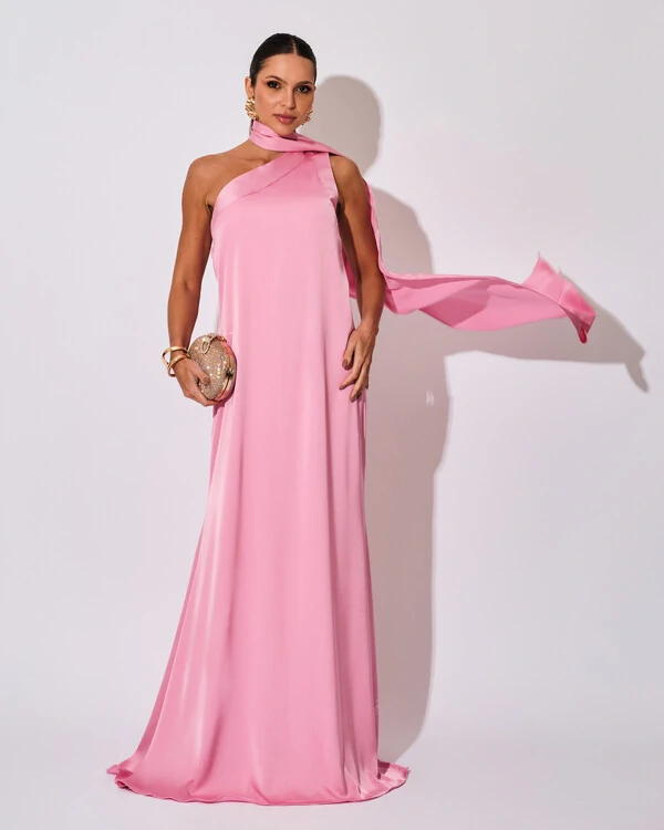 Vestido de Festa Longo Cetim Fluido Um Ombro Só Lenço Fixo Rosa
