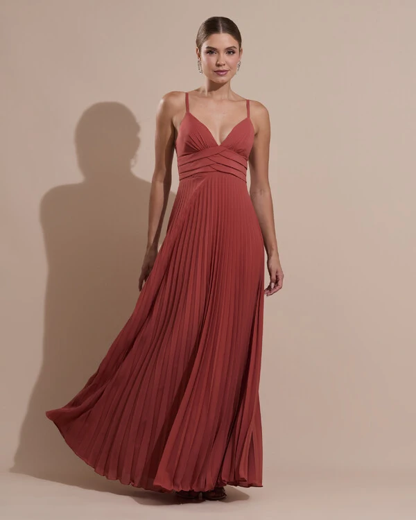 Vestido de Festa Longo Plissado Crepe Chiffon com Alça e Lenço Terracota