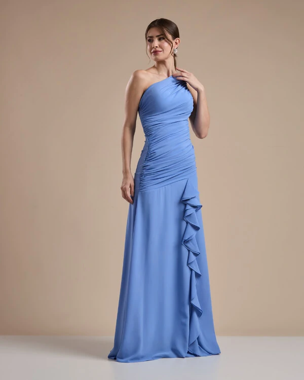 Vestido de Festa Longo Crepe Chiffon Um Ombro Só Drapeado com Babado Cascata Azul Atlantis