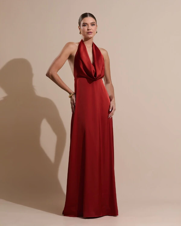 Vestido de Festa Longo Frente Única Degagê Cetim Fluido Terracota