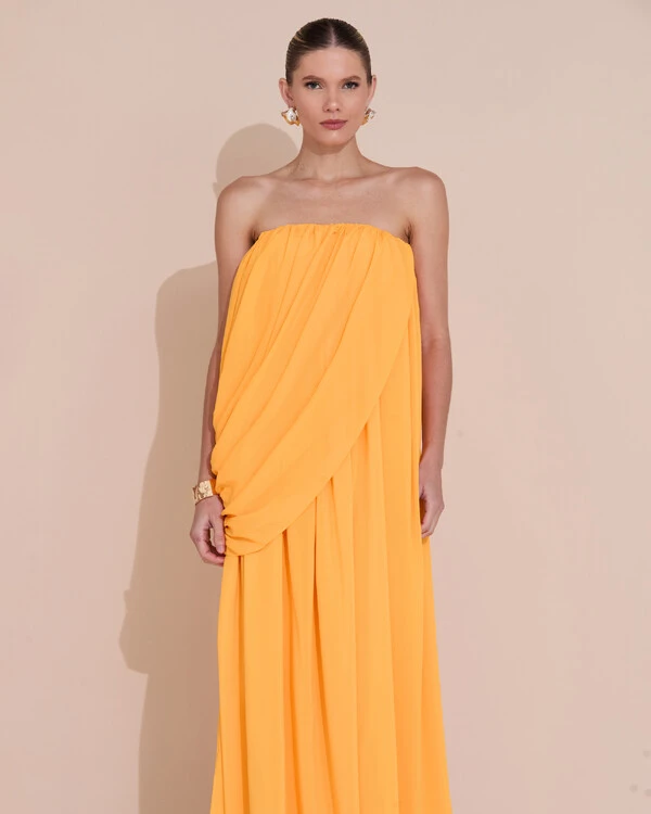 Vestido de Festa Longo Tomara Que Caia Crepe Chiffon Drapeado Laranja Manga New