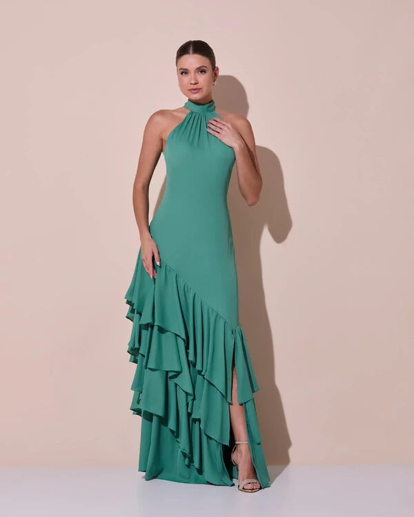 Vestido de Festa Longo Chiffon Crepe Gola Alta Babados Verde Matcha Escuro