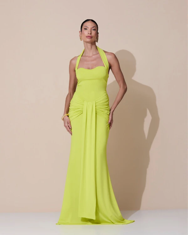 Vestido de Festa Longo Decote Coração Malha Jersey Drapeado Costas Trançada Verde Lima