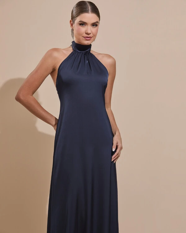 Vestido de Festa Gola Alta com Decote nas Costas Acetinado Azul Marinho