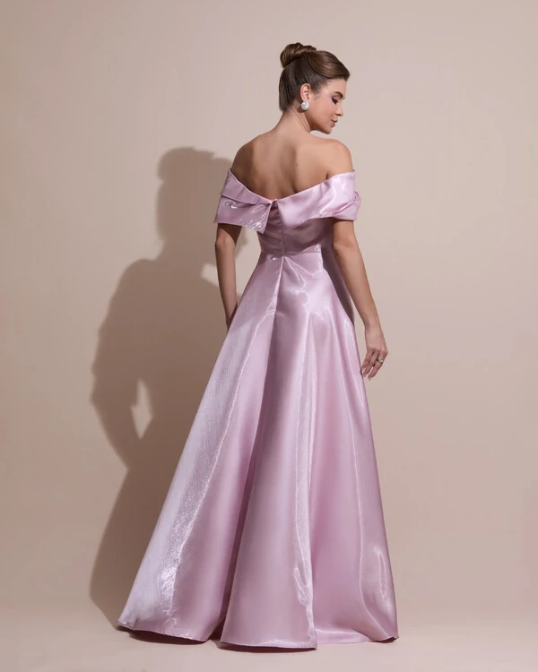 Vestido de Festa Longo Cetim Cristal Ombro a Ombro Drapeado Rosa