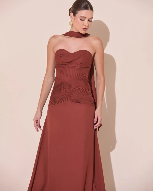 Vestido de Festa Longo Decote Coração Crepe Chiffon Drapeado Plissado Lenço Marrom New