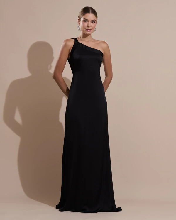 Vestido de Festa Longo Cetim Fluido Um Ombro Só Amarração Costas Preto
