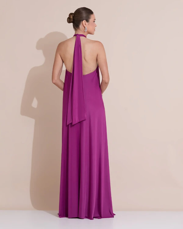 Vestido Longo com Amarração em Malha Fúcsia
