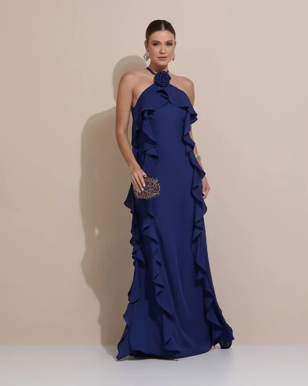 Vestido de Festa Longo Crepe Chiffon Frente Única Babados Cascata e Flor Azul Marinho