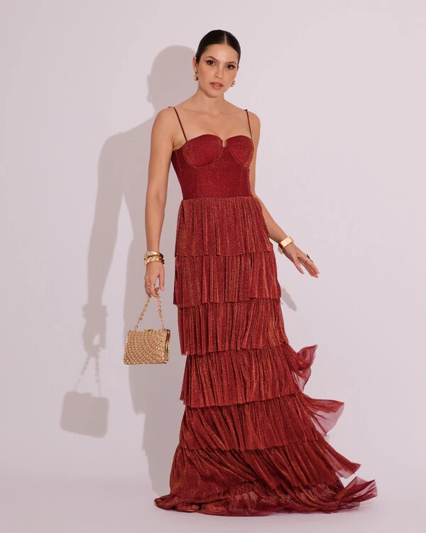Vestido de Festa Longo Tule Glitter com Camadas Marsala