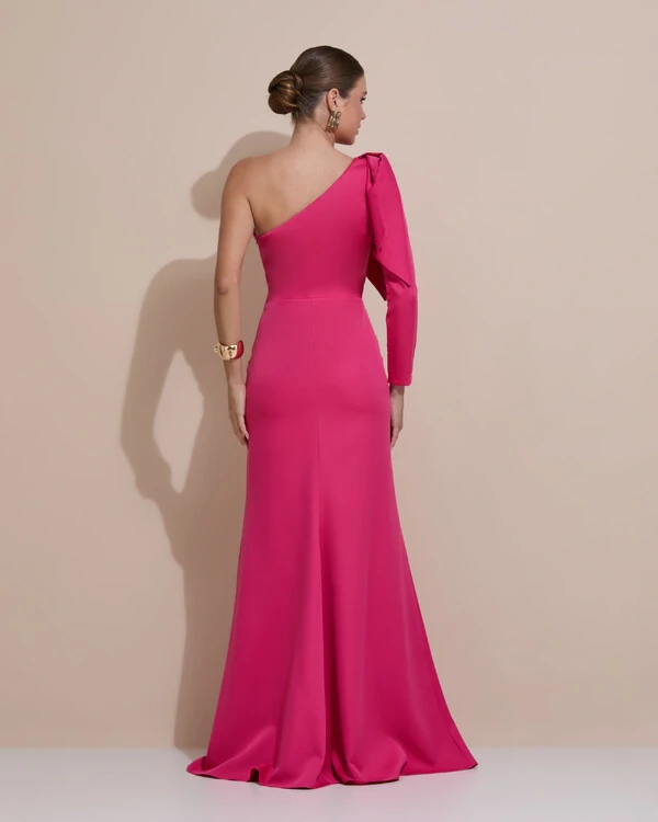 Vestido de Festa com Laço de Um Ombro em Alfaiataria Fenda Pink