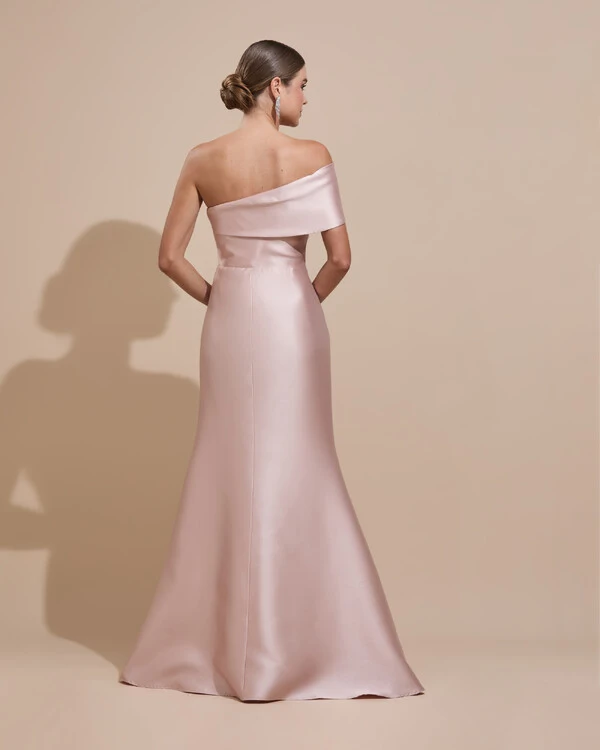 Vestido de Festa Zibeline com Faixa Ombro a Ombro Rosa Nude