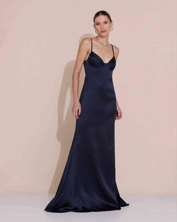 Vestido de Festa Longo Decote Coração Cetim Alfaiataria Trançado Costas Lenço Azul Marinho Escuro