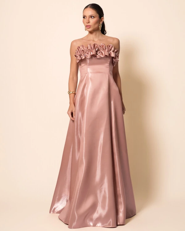 Vestido de Festa Longo Cetim Cristal Tomara que Caia com Flor 3D Mocha Mousse