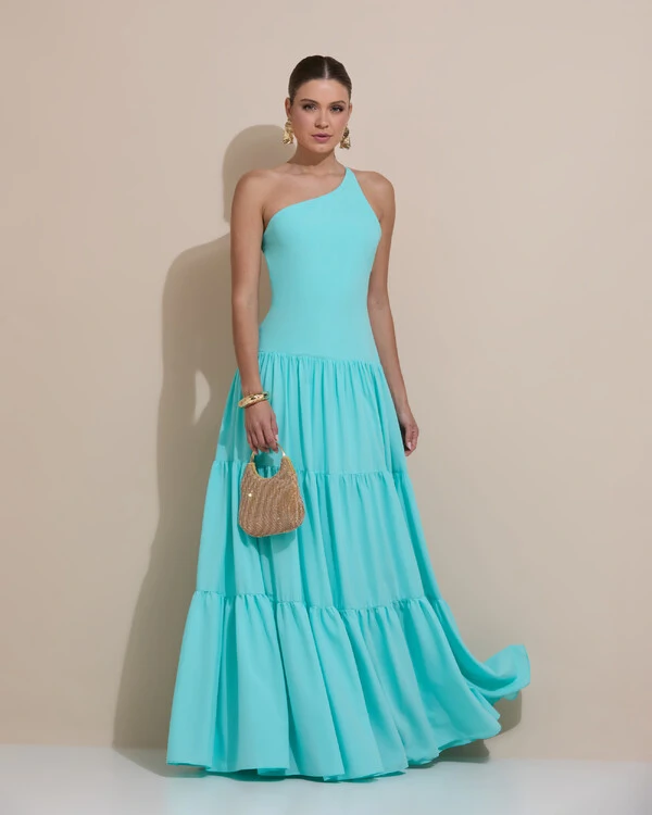 Vestido de Festa Longo Um ombro Só Crepe Chiffon Saia Fluida Tiffany