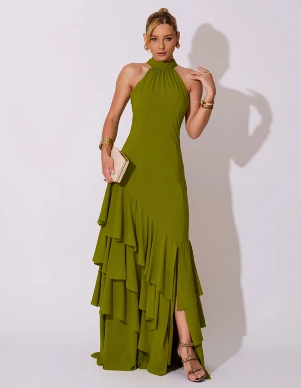 Vestido de Festa Longo Chiffon Crepe Gola Alta Babados Verde Oliva New