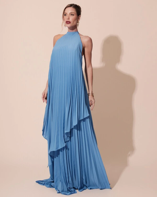 Vestidos de Festa Longo Chiffon Fluido Frente Única Plissado Duplo Azul Atlantis