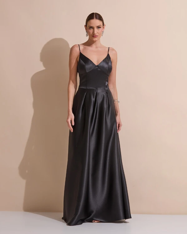 Vestido de Festa Longo Alça Fina Decote V Cetim Saia Evasê Preto