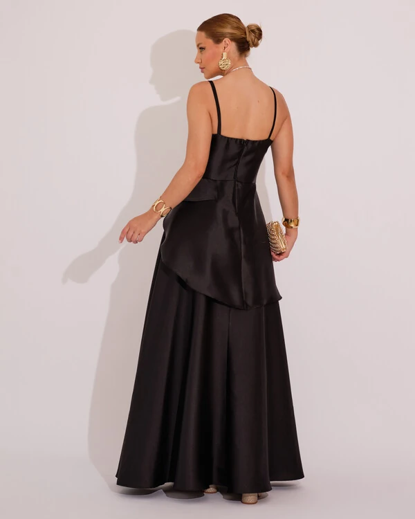 Vestido de Festa Zibeline Tomara que Caia com Recortes e Camadas Preto