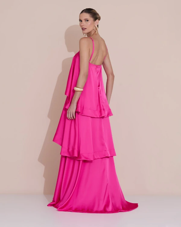 Vestido de Festa Longo Decote Reto Alças Finas Cetim Camadas Pink