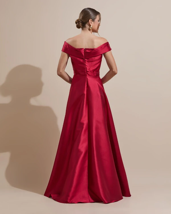 Vestido de Festa Longo Zibeline Ombro a Ombro com Fenda Marsala