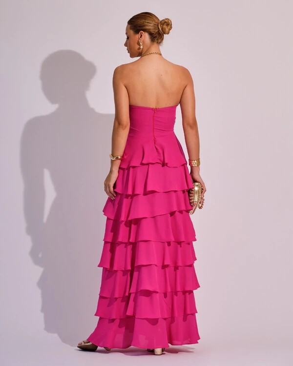Vestido Longo Crepe Chiffon Tomara que Caia Plissado em Camadas Pink