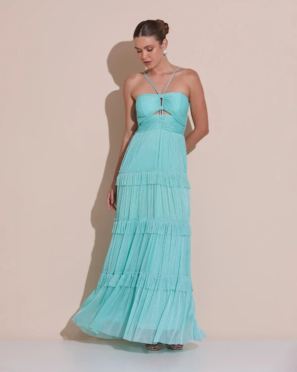 Vestido de Festa Longo Tule com Saia Babado Tiffany
