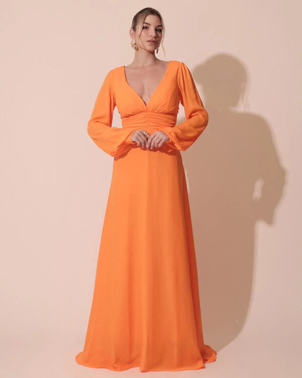 Vestido de Festa Manga Longa com Cintura Drapeada Decote V Laranja