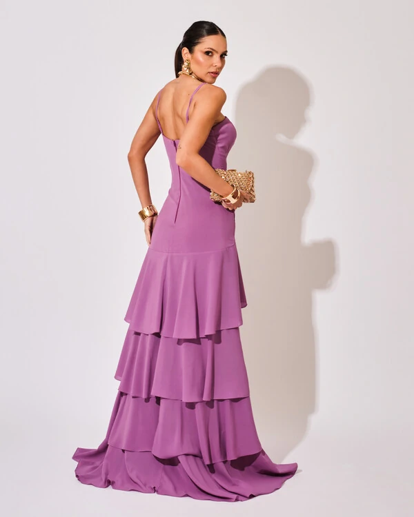 Vestido Longo Crepe com Babado em Camadas Fúcsia