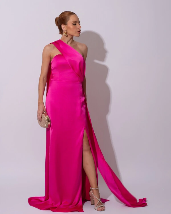 Vestido de Festa Longo Cetim Alfaiataria Tomara que Caia com Faixa Lenço Pink