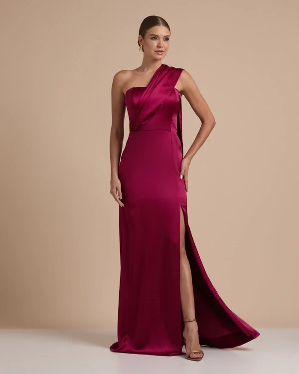 Vestido de Festa Longo Cetim Alfaiataria Tomara que Caia com Faixa Lenço Beterraba