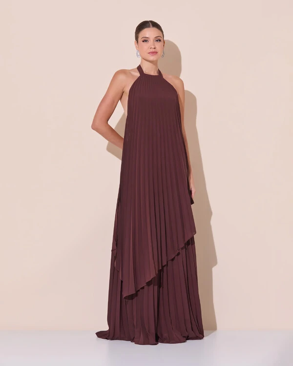 Vestidos de Festa Longo Chiffon Fluido Frente Única Plissado Duplo Marrom