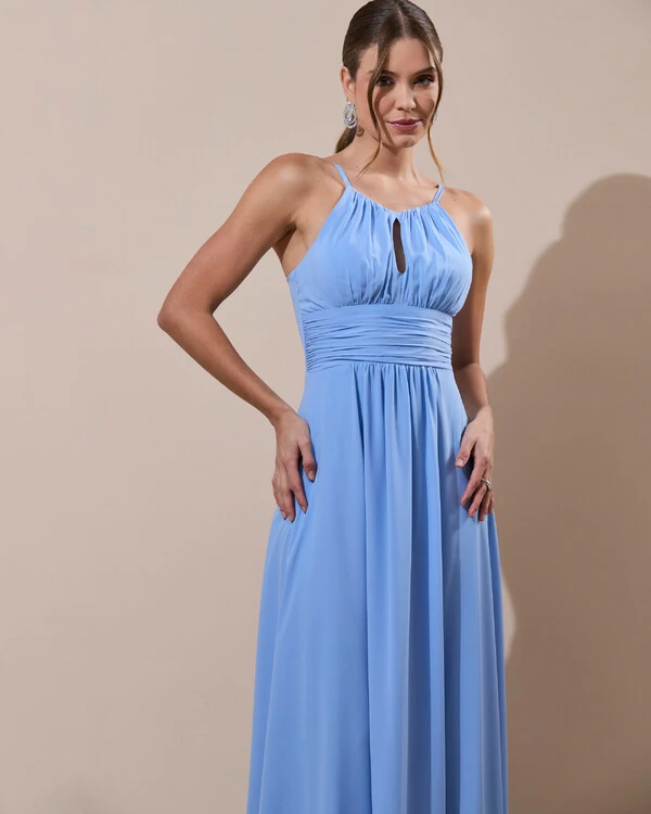 Vestido de Festa Longo Crepe Chiffon Drapeado com Alças e Saia Fluida Azul Serenity