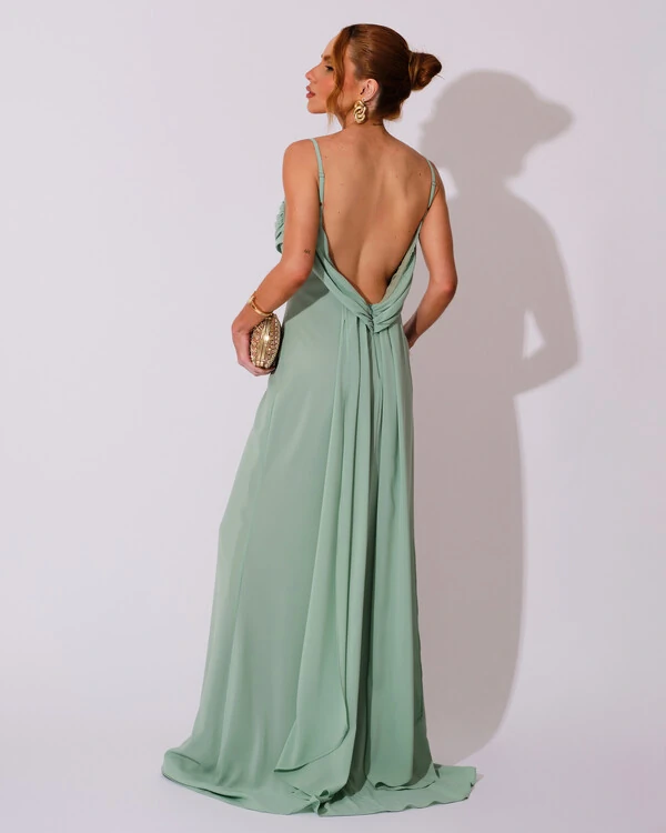 Vestido de Festa Longo Crepe Chiffon Costas Lenço Cauda Verde Menta