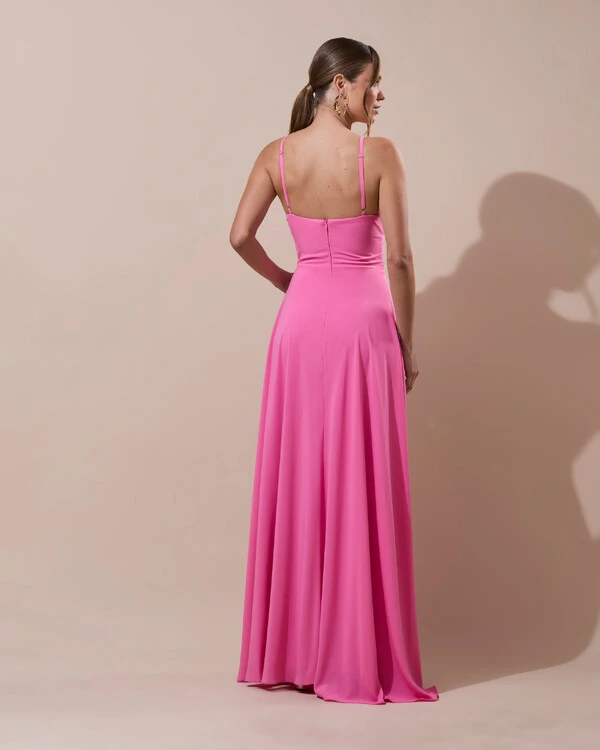 Vestido de Festa Longo Crepe Chiffon Drapeado com Alças e Saia Fluida Rosa