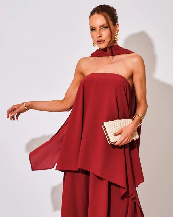 Vestido de Festa Longo Chiffon Crepe em Camadas com Lenço Marsala