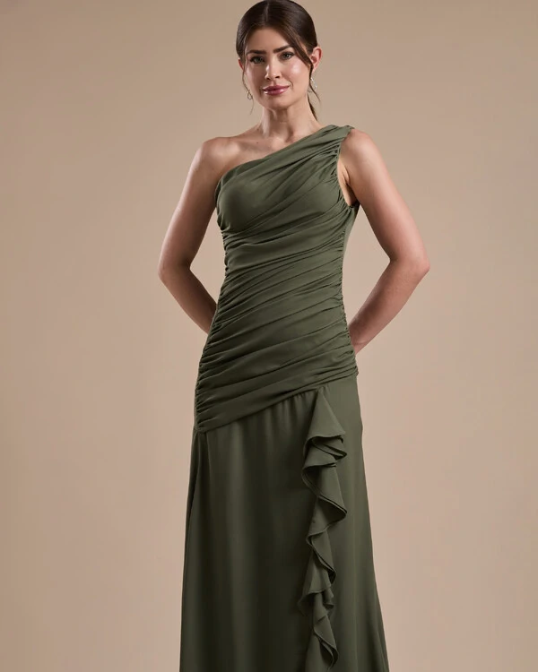 Vestido de Festa Longo Crepe Chiffon Um Ombro Só Drapeado com Babado Cascata Verde Oliva