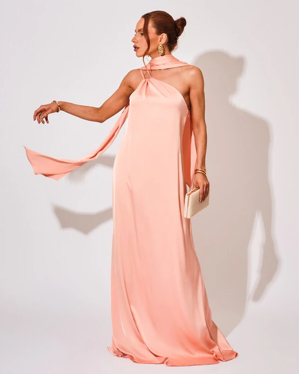 Vestido de Festa Longo em Cetim Fluido um Ombro Só Rose