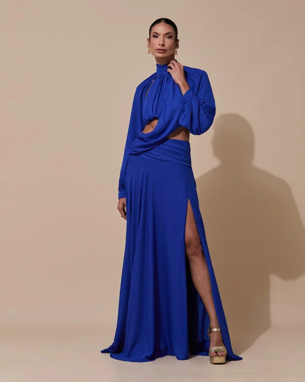 Vestido de Festa Longo Gola Alta Crepe Chiffon Recortes Drapeado Manga Longa Fenda Azul Royal