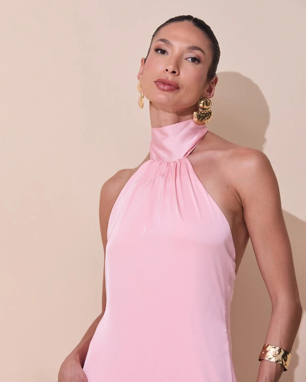Vestido de Festa Gola Alta com Decote nas Costas Acetinado Rose Gold