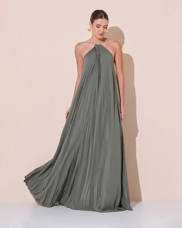 Vestido de Festa Longo Frente Única Plissado Crepe Chiffon Argola Verde Oliva