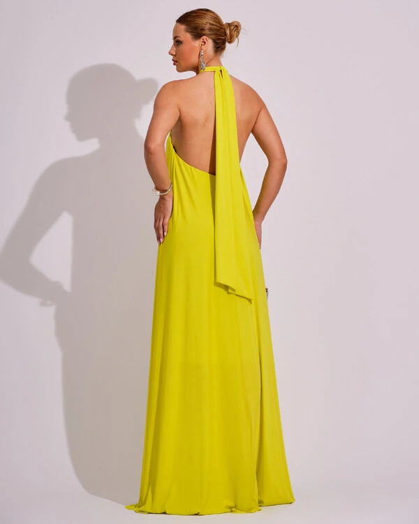 Vestido Longo com Amarração em Malha Verde Lima